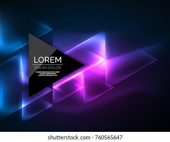Color neon glowing triangles, abstract background. Vector techno glowing space with triangles and your message. Hi-tech wallpaper