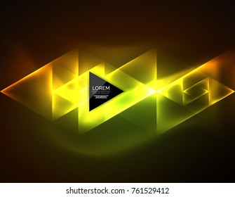 Color neon glowing triangles, abstract background. Vector techno glowing space with triangles and your message. Hi-tech wallpaper