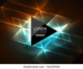 Color neon glowing triangles, abstract background. Vector techno glowing space with triangles and your message. Hi-tech wallpaper