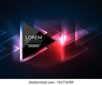 Color neon glowing triangles, abstract background. Vector techno glowing space with triangles and your message. Hi-tech wallpaper