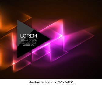 Color neon glowing triangles, abstract background. Vector techno glowing space with triangles and your message. Hi-tech wallpaper