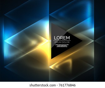 Color neon glowing triangles, abstract background. Vector techno glowing space with triangles and your message. Hi-tech wallpaper