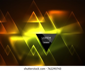 Color neon glowing triangles, abstract background. Vector techno glowing space with triangles and your message. Hi-tech wallpaper