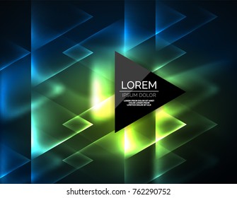 Color neon glowing triangles, abstract background. Vector techno glowing space with triangles and your message. Hi-tech wallpaper
