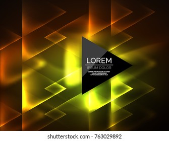 Color neon glowing triangles, abstract background. Vector techno glowing space with triangles and your message. Hi-tech wallpaper