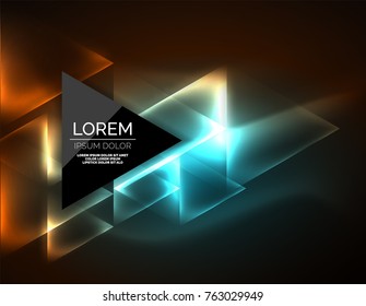 Color neon glowing triangles, abstract background. Vector techno glowing space with triangles and your message. Hi-tech wallpaper