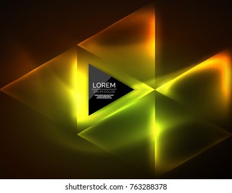 Color neon glowing triangles, abstract background. Vector techno glowing space with triangles and your message. Hi-tech wallpaper