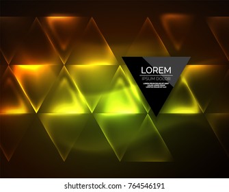 Color neon glowing triangles, abstract background. Vector techno glowing space with triangles and your message. Hi-tech wallpaper