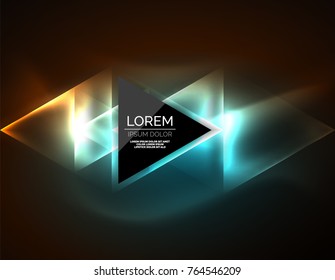 Color neon glowing triangles, abstract background. Vector techno glowing space with triangles and your message. Hi-tech wallpaper