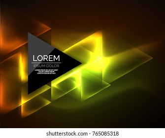 Color neon glowing triangles, abstract background. Vector techno glowing space with triangles and your message. Hi-tech wallpaper