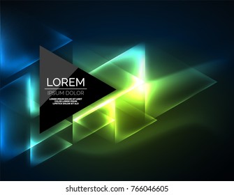 Color neon glowing triangles, abstract background. Vector techno glowing space with triangles and your message. Hi-tech wallpaper