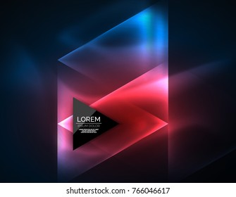 Color neon glowing triangles, abstract background. Vector techno glowing space with triangles and your message. Hi-tech wallpaper