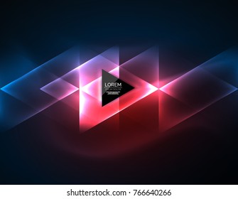 Color neon glowing triangles, abstract background. Vector techno glowing space with triangles and your message. Hi-tech wallpaper