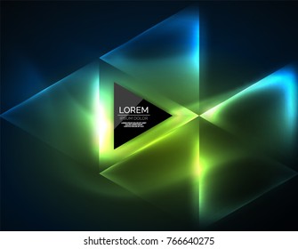 Color neon glowing triangles, abstract background. Vector techno glowing space with triangles and your message. Hi-tech wallpaper