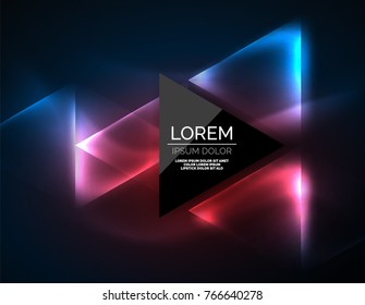 Color neon glowing triangles, abstract background. Vector techno glowing space with triangles and your message. Hi-tech wallpaper