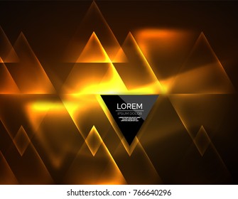 Color neon glowing triangles, abstract background. Vector techno glowing space with triangles and your message. Hi-tech wallpaper