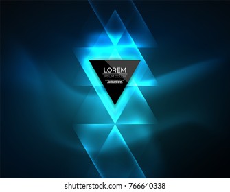 Color neon glowing triangles, abstract background. Vector techno glowing space with triangles and your message. Hi-tech wallpaper