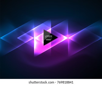 Color neon glowing triangles, abstract background. Vector techno glowing space with triangles and your message. Hi-tech wallpaper