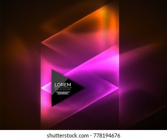 Color neon glowing triangles, abstract background. Vector techno glowing space with triangles and your message. Hi-tech wallpaper
