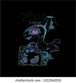 Color neon illustration of a newborn dragon with the volcano on the background.