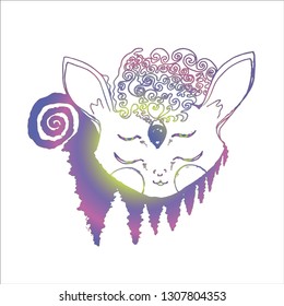 Color neon illustration of a psychedellic animal in meditation, fractal trees, inversion.