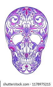 Color  neon illustration of a sugar skull. The holiday of the Day of the Dead. Vector element for your creativity