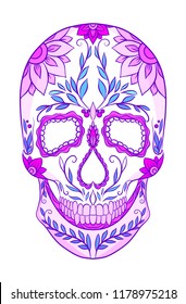 Color  neon illustration of a sugar skull. The holiday of the Day of the Dead. Vector element for your creativity