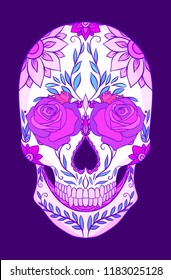 Color  neon illustration of a sugar skull with roses. The holiday of the Day of the Dead. Vector element for your creativity