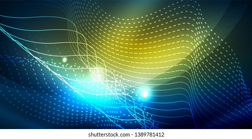 Luces de neón de color con ondas de fondo abstracto. Ilustración del vector