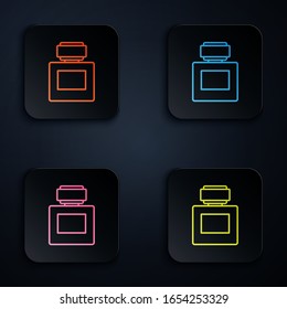 Color neon line Aftershave icon isolated on black background. Cologne spray icon. Male perfume bottle. Set icons in square buttons. Vector Illustration