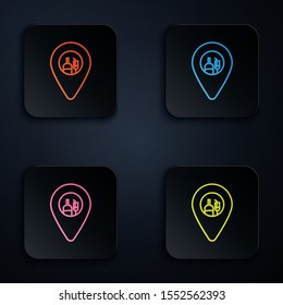 Color neon line Alcohol or beer bar location icon isolated on black background. Symbol of drinking, pub, club, bar. Set icons in colorful square buttons. Vector Illustration