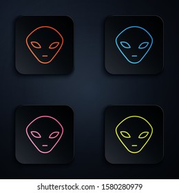 Color neon line Alien icon isolated on black background. Extraterrestrial alien face or head symbol. Set icons in square buttons. Vector Illustration