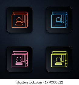 Color neon line Ancient magic book with alchemy recipes and mystic spells and enchantments icon isolated on black background. Set icons in square buttons. Vector Illustration