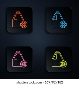 Color neon line Antifreeze canister icon isolated on black background. Auto service. Car repair. Set icons in square buttons. Vector Illustration