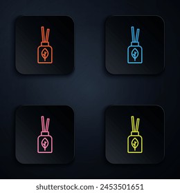 Color neon line Aroma diffuser icon isolated on black background. Glass jar different with wooden aroma sticks. Set icons in square buttons. Vector