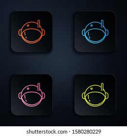 Color neon line Astronaut helmet icon isolated on black background. Set icons in square buttons. Vector Illustration