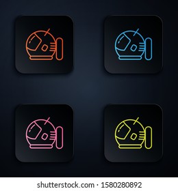 Color neon line Astronaut helmet icon isolated on black background. Set icons in square buttons. Vector Illustration