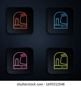 Color neon line Astronaut helmet icon isolated on black background. Set icons in square buttons. Vector Illustration