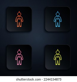 Color neon line Astronaut icon isolated on black background. Set icons in square buttons. Vector Illustration