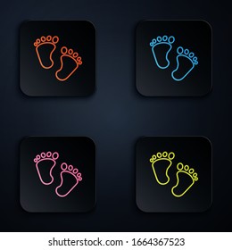 Color neon line Baby footprints icon isolated on black background. Baby feet sign. Set icons in square buttons. Vector Illustration