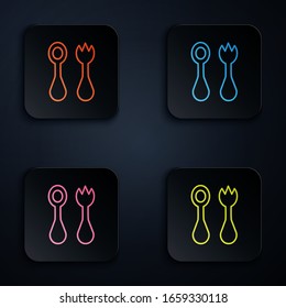 Color neon line Baby plastic cutlery with fork and spoon icon isolated on black background. Cutlery for kid. Childrens dining items. Set icons in square buttons. Vector Illustration