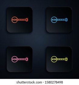 Color neon line Banjo icon isolated on black background. Musical instrument. Set icons in colorful square buttons. Vector Illustration