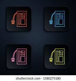 Color neon line Battery icon isolated on black background. Accumulator battery energy power and electricity accumulator battery. Set icons in square buttons. Vector Illustration