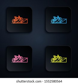Color neon line Bicycle on street ramp icon isolated on black background. Skate park. Extreme sport. Sport equipment. Set icons in colorful square buttons. Vector Illustration