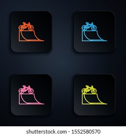 Color neon line Bicycle on street ramp icon isolated on black background. Skate park. Extreme sport. Sport equipment. Set icons in colorful square buttons. Vector Illustration