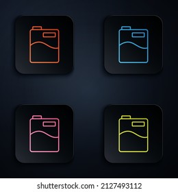 Color neon line Big bottle with clean water icon isolated on black background. Plastic container for the cooler. Set icons in square buttons. Vector