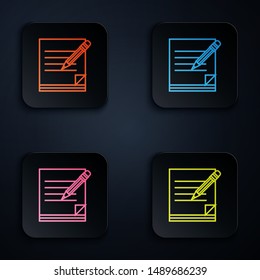 Color neon line Blank notebook and pencil with eraser icon isolated on white background. Paper and pencil. Set icons in colorful square buttons. Vector Illustration