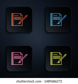 Color neon line Blank notebook and pen icon isolated on white background. Paper and pen. Set icons in colorful square buttons. Vector Illustration