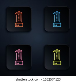 Color neon line Blender icon on black background. Kitchen electric stationary blender with bowl. Cooking smoothies, cocktail or juice. Set icons in colorful square buttons. Vector Illustration