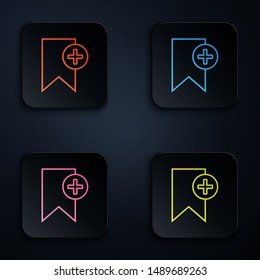 Color neon line Bookmark icon isolated on white background. Add to concept. Set icons in colorful square buttons. Vector Illustration